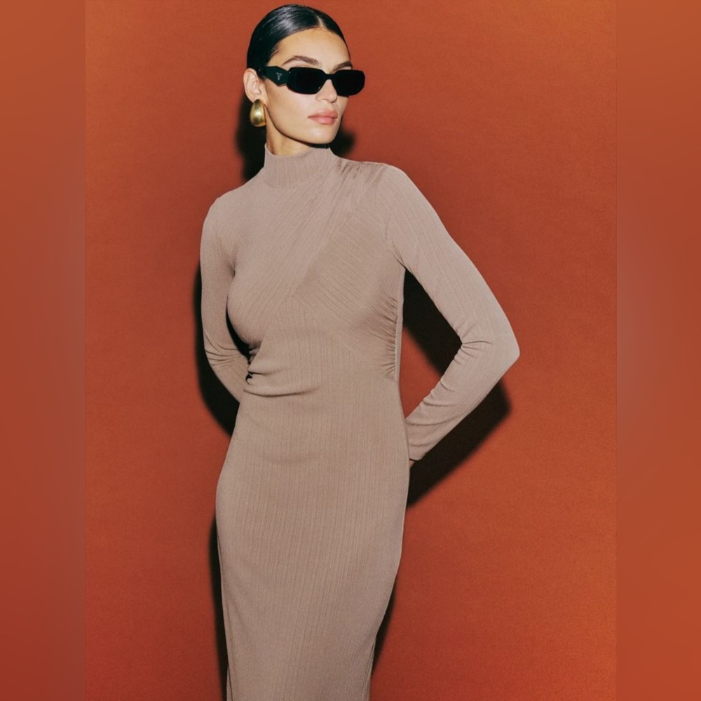 Reformation Mallorie Ribbed Long Sleeve Maxi Dress in Beige